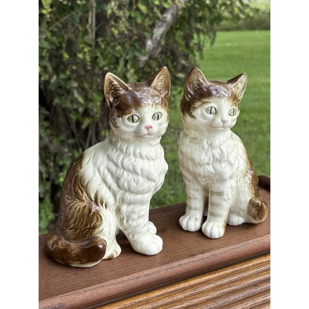Vintage Ceramic Cat Figurines Pair Japan MCM Brown White Tabby 1950's Kitten 7